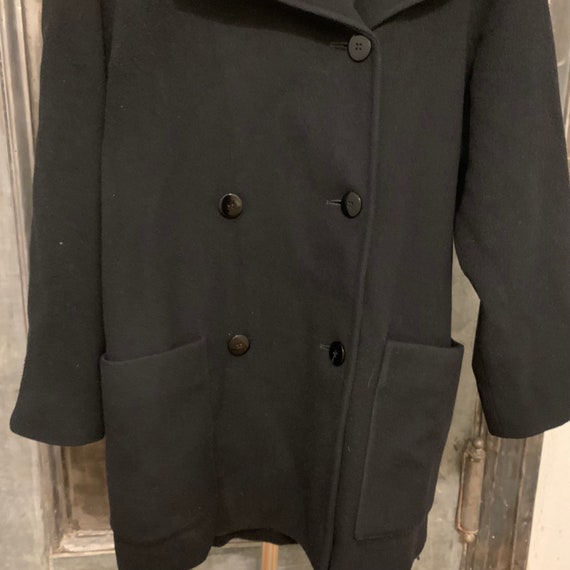 Vintage 80s black wool pea coat with large pocket… - image 7