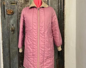 L Vintage 70er 80er Jahre mauve Wintermantel beige Strickkragen und Bündchen Langer Kugelmantel mittelschwer