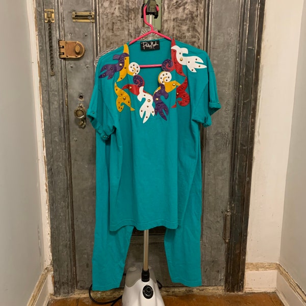 Vintage 80s 90s Philip Noel teal shirt and pants set with colorful faux leather patches and silver studs One size fits Most