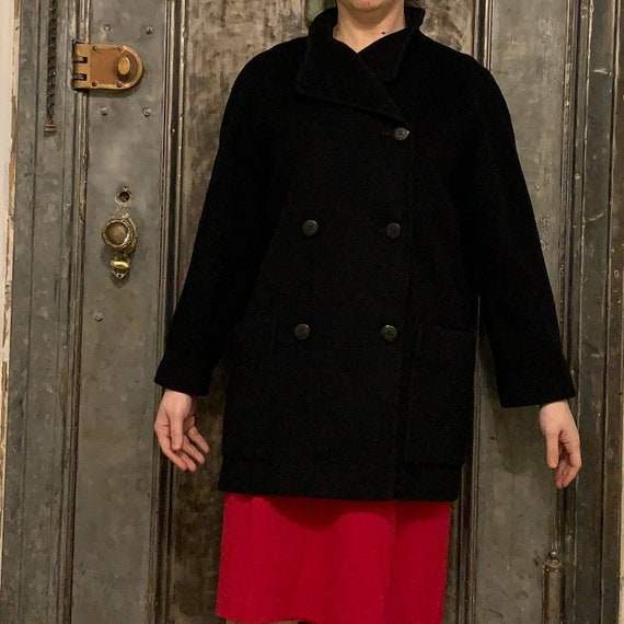 Vintage 80s black wool pea coat with large pocket… - image 1