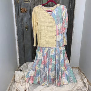 S M L Vintage  sz 8 80s Dress Jeanne Marc Avant Garde Designer Dress cotton mixed print long sleeve maxi dress coastal paste patterns