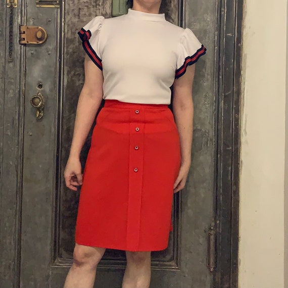 Vintage 70s mod red A-line midi skirt with red wh… - image 7