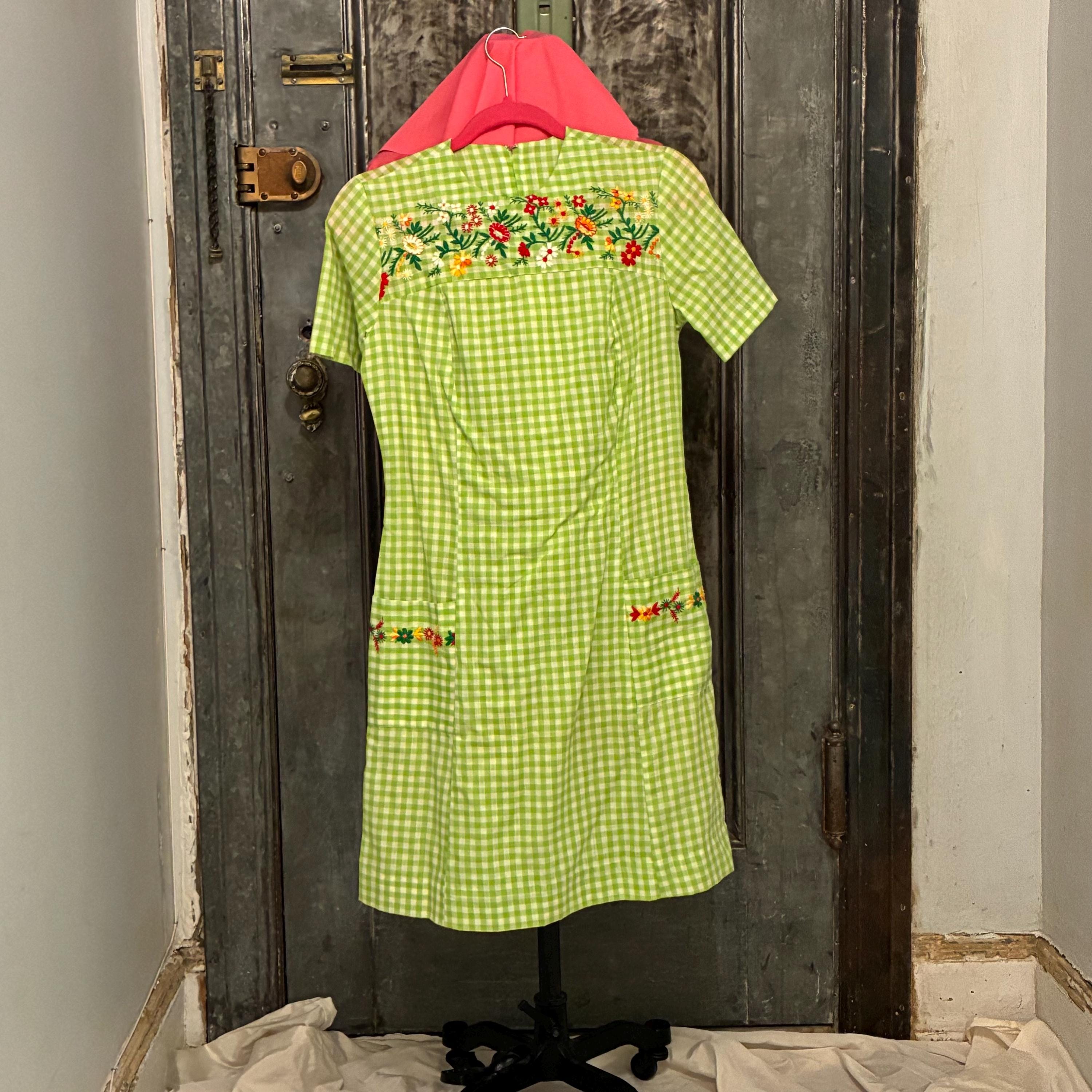 green emerald velvet dress Lime Green Gingham Cotton Shift Dress Circa 1960s main image 0