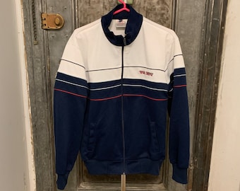 Medium Small Vintage 80s retro Footlocker Polyester navy white and red polyester full zip windbreaker track jacket unisex