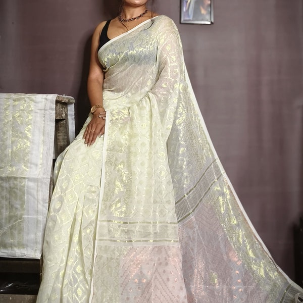 Dhakai jamdani saree, Soft jamdani saree,  Indian sari, Handcrafted Bengali Sari for party ware, Free  Shipping