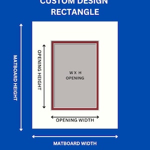 Puede incluir: Un rectángulo de paspartú doble con un borde exterior blanco y un borde interior rojo. El diagrama incluye etiquetas para la altura y anchura del paspartú, la altura y anchura de la abertura, y las dimensiones de apertura W x H.