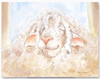 Wuddles the Sheep, 8.5 x 11" Original Watercolor Painting with colored pencil by Lita Judge