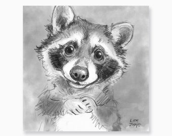 Baby Raccoon, Art Print by Lita Judge, 6 x 6 inches