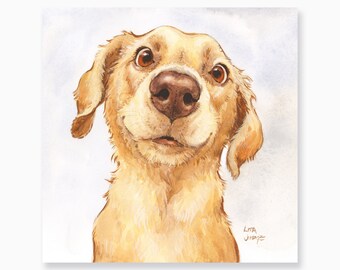 Smiling Dog IV, 8.5 x 8.5" Original Watercolor Painting with colored pencil by Lita Judge