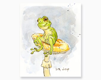 Frog on a Mushroom, 5 x 7" Watercolor Painting by Lita Judge