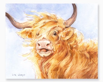 Scottie, Highland Cow, 6.5 x 8", Watercolor painting with colored pencil by Lita Judge