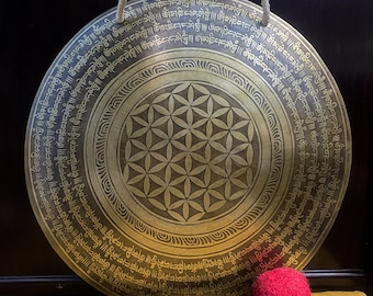 SALE! 13 inch Flower of life Mantra Carving Tibetan Gong from Nepal-Temple gong-Best for Sound Healing-Sound Meditation-Vibrational Therapy