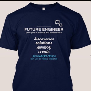 May include: A navy blue t-shirt with the text "FUTURE ENGINEER" and the words "discoveries, solutions, develop, create" printed on the front. The back of the shirt has the text "Rewired and Inspired" printed on it.