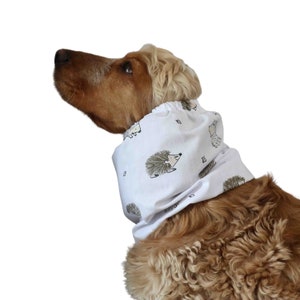 White Cotton Dog Snood &quot;Hedgehogs&quot;  | Lightweight Cocker Spaniel Ear Protector | Basset Hound Ear Cover | Long | Eared Dog Snood