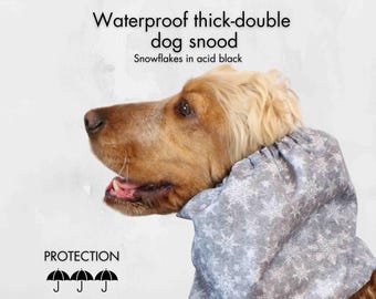 Acid Black Waterproof Thick Dog Snood "Snowflakes" | Christmas Cocker Spaniel Ear Cover | Cavalier Ear Protector | Long Eared Dog Snood