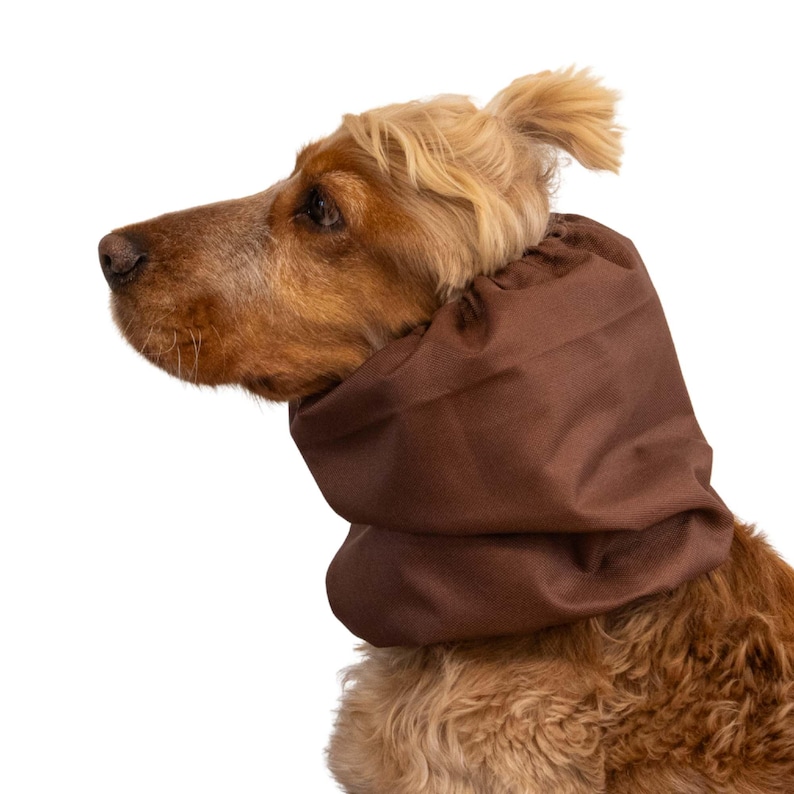Handmade waterproof dog snood “Chocolate” by Distinguish Me — rich brown fabric, lightweight rainproof ear protector for long-eared dogs like Cocker Spaniel or Basset.