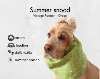 Green Vintage Rooster Dog Snood for Russian Spaniels | Cotton Ear Cover for Forest Walks