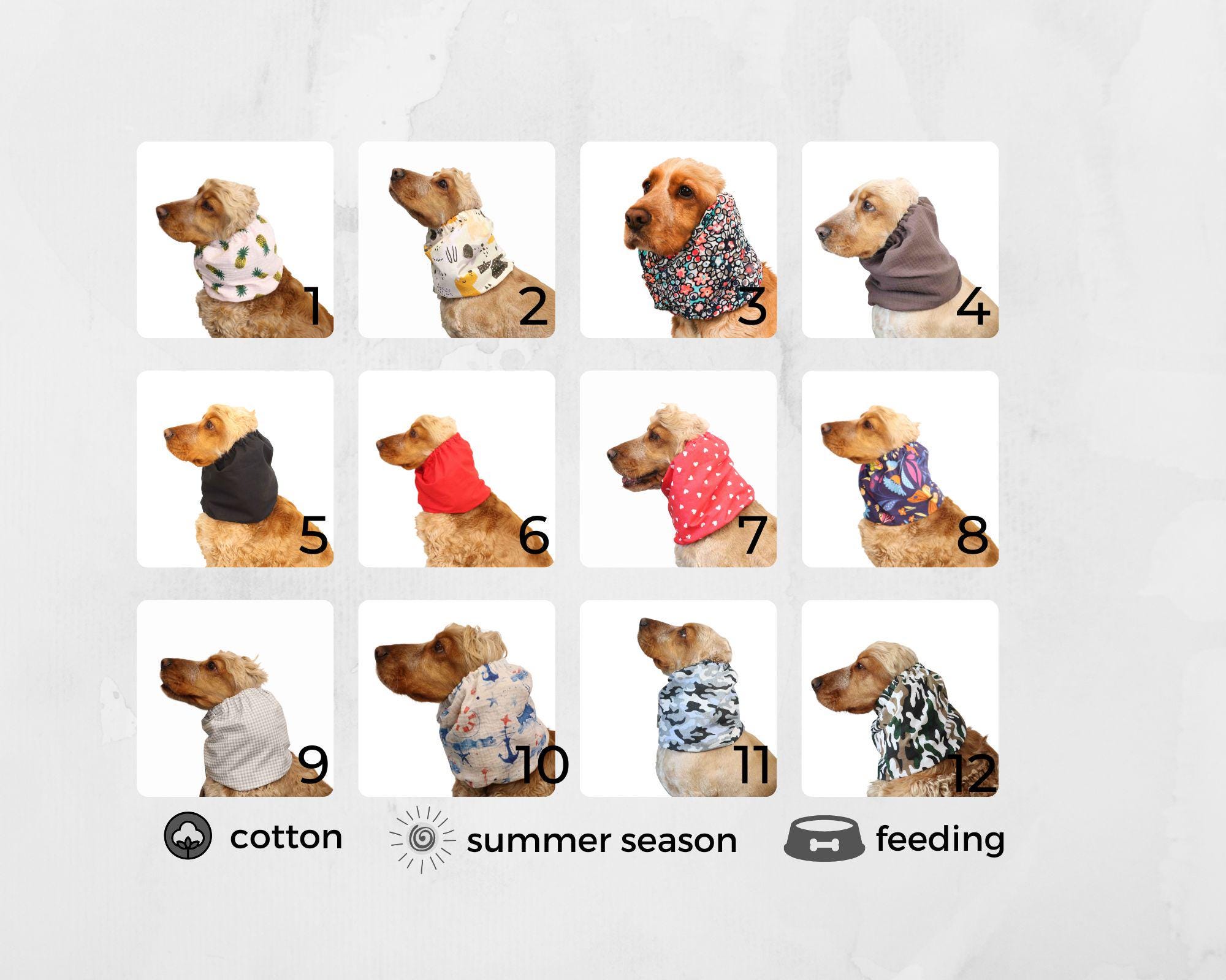 Breathable cotton snood for dog, natural summer cocker spaniel ear protector, cavalier, basset hound, setter ear cover