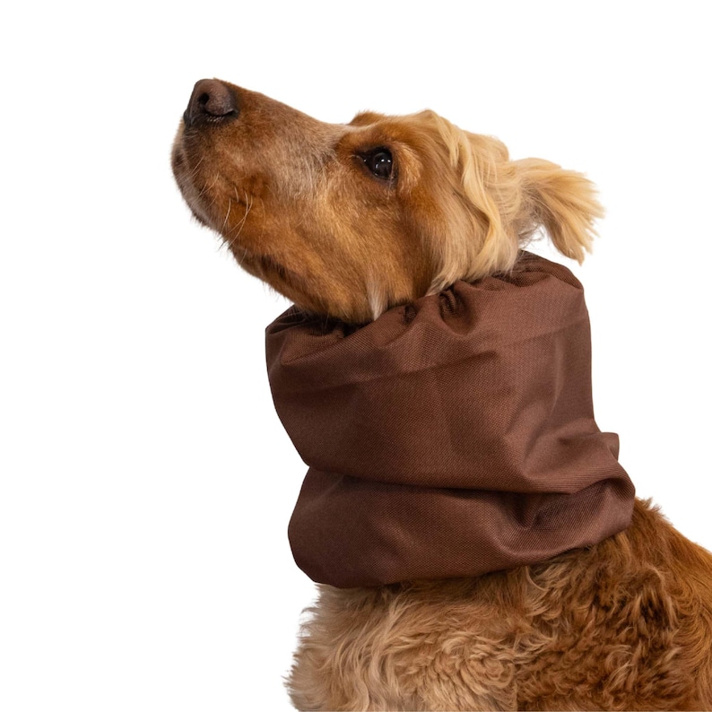 Handmade waterproof dog snood “Chocolate” by Distinguish Me — rich brown fabric, lightweight rainproof ear protector for long-eared dogs like Cocker Spaniel or Basset.