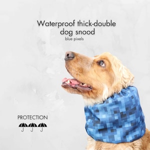 Blue Waterproof Thick Dog Snood &quot;Pixels&quot; | Cocker Spaniel Snood | Cavalier Basset Hound Setter Ear Protector | Long - Eard Dog Snood