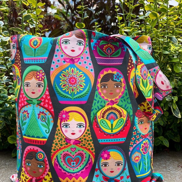 Russian Dolls Tote Bag, fait à la main avec 100% durable lin coton toile