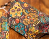 Mexican Calavera Sugar Skulls Face Mask, Breathable 100 Cotton, Adjustable, Washable and Reusable