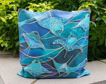 Turquoise Manta Rays Tote Bag, Handmade with 100% Durable Linen Cotton Canvas