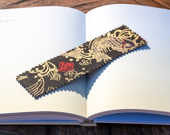 Black and Gold Koi Carp Fabric Bookmark, Handmade with Petal Signature Cotton