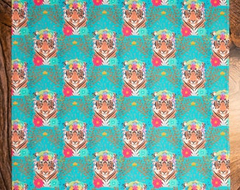 Floral Tigers Tea Towel, 100% Linen Cotton Canvass