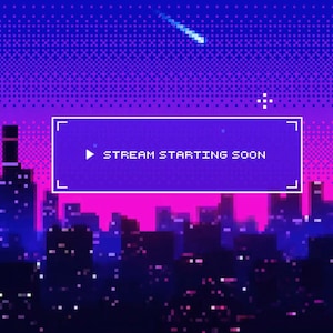 May include: A pixelated cityscape at night with a purple and pink sky. The text "STREAM STARTING SOON" is displayed in a white box with a play button.