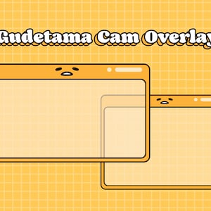 May include: A yellow and black Gudetama cam overlay with a grid background. The overlay has two frames with a sad-faced egg character in the top corners.