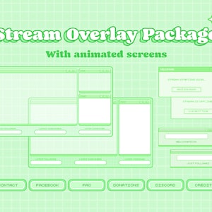 Peut inclure: Ensemble de superposition de flux animé vert et blanc avec du texte qui dit "Stream Overlay Package" et "With animated screens". La superposition comprend des sections pour les derniers abonnés, les derniers abonnés, les derniers dons, le chat, le message, le nouveau don et le suivi.