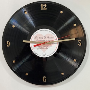 Personalized 12&quot; Record Clock -Favorite Song & Artist- Wedding Song, Anniversary, Bride and Groom gift. Made using a real vinyl record.