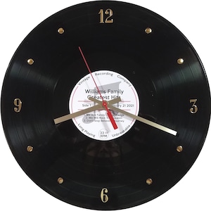 Personalized Vinyl Record Clock –12” wall clock customized w/ your names, date, 3 songs, label color. Mother’s Day, Father’s Day, Grad gift.
