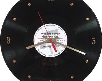 Personalized Vinyl Record Clock –12” wall clock customized w/ your names, date, 3 songs, label color. Mother’s Day, Father’s Day, Grad gift.