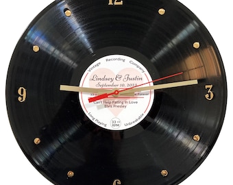 Personalized 12” Vinyl Record Clock - Customize with your names, special date, and song. Real vinyl record used for anniversary, wedding..