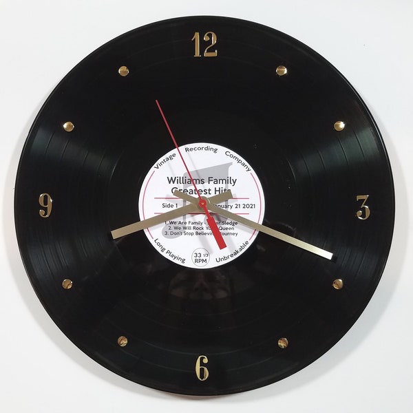 Personalized Authentic 12" Vinyl Record wall Clock- Customize Names, Date, & Songs. Unique for Anniversary, Wedding, Family, Graduation.