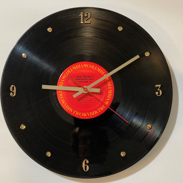 Bob Dylan Record Clock (Greatest Hits Volume II) - 12" wall clock created with the actual Bob Dylan vinyl album.