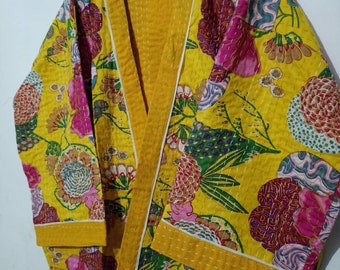Handmade Cotton Kantha Robe, Floral Block Print Kimono, Peach