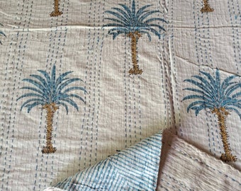 Floral Tree Print Kantha Quilt - Handmade Indian Bedspread