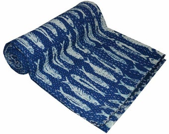 Edredón Kantha con estampado de peces índigo - Colcha de algodón vintage tamaño Twin/Queen