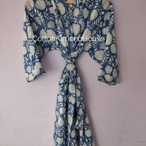 Hand Block Printed Kimono, Cotton Bathrobe, Dressing Gown, Indian Wood Block Prints, Cotton Kimono Robe, Feathers Print, Free Size Shot Robe