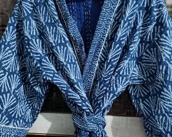 Kimono in cotone stampato a mano con stampa di piume, accappatoio indiano