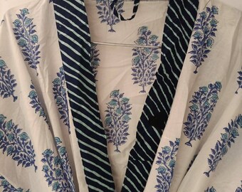 Indian Cotton Kimono Robe, Floral Print Beach Cover Up