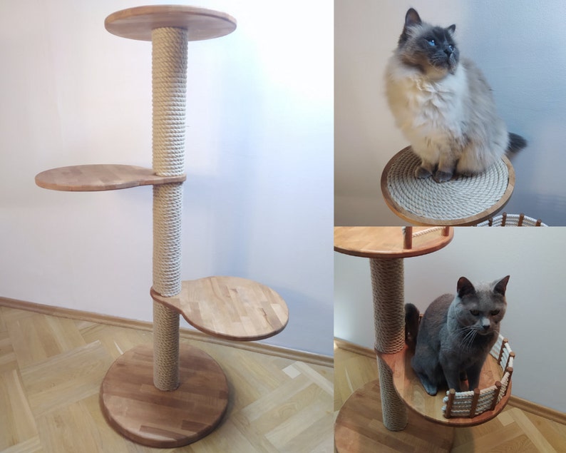 Natural Wood Cat Tree,wood Cat Tower, Cat Climbing Tree, Furniture for