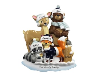 Woodland Animals Family Of 4 Personalized Christmas Ornament 2023 Deer Fox racoon Bear Forest Ornament With Names Gift For Blended Family