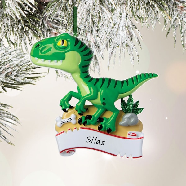 Boys Christmas Ornament - Personalized Dinosaur Christmas Ornament For Kids Velociraptor Dinosaur Ornament With Name Gif For Boys