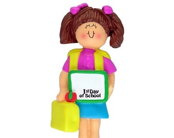 First Day Of School Personalized Christmas Ornament / Kindergarten Ornament / Back To School Ornament / Girl's 1st Day Of School Brown Hair