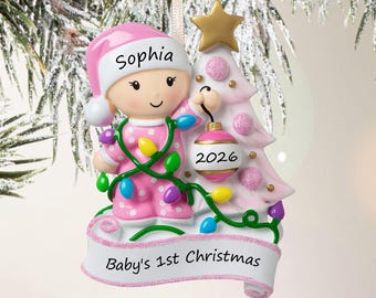Personalized Baby Girl Decorating a Tree Ornament / Baby's 1st Christmas Ornament / Newborn Ornament / Baby Shower Gift / Hand Personalized