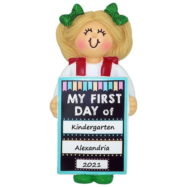 PERSONALIZED First Day of School Ornament, School Girl Christmas Ornament, Custom Blonde Girl Ornament, Chalkboard , Kindergarten